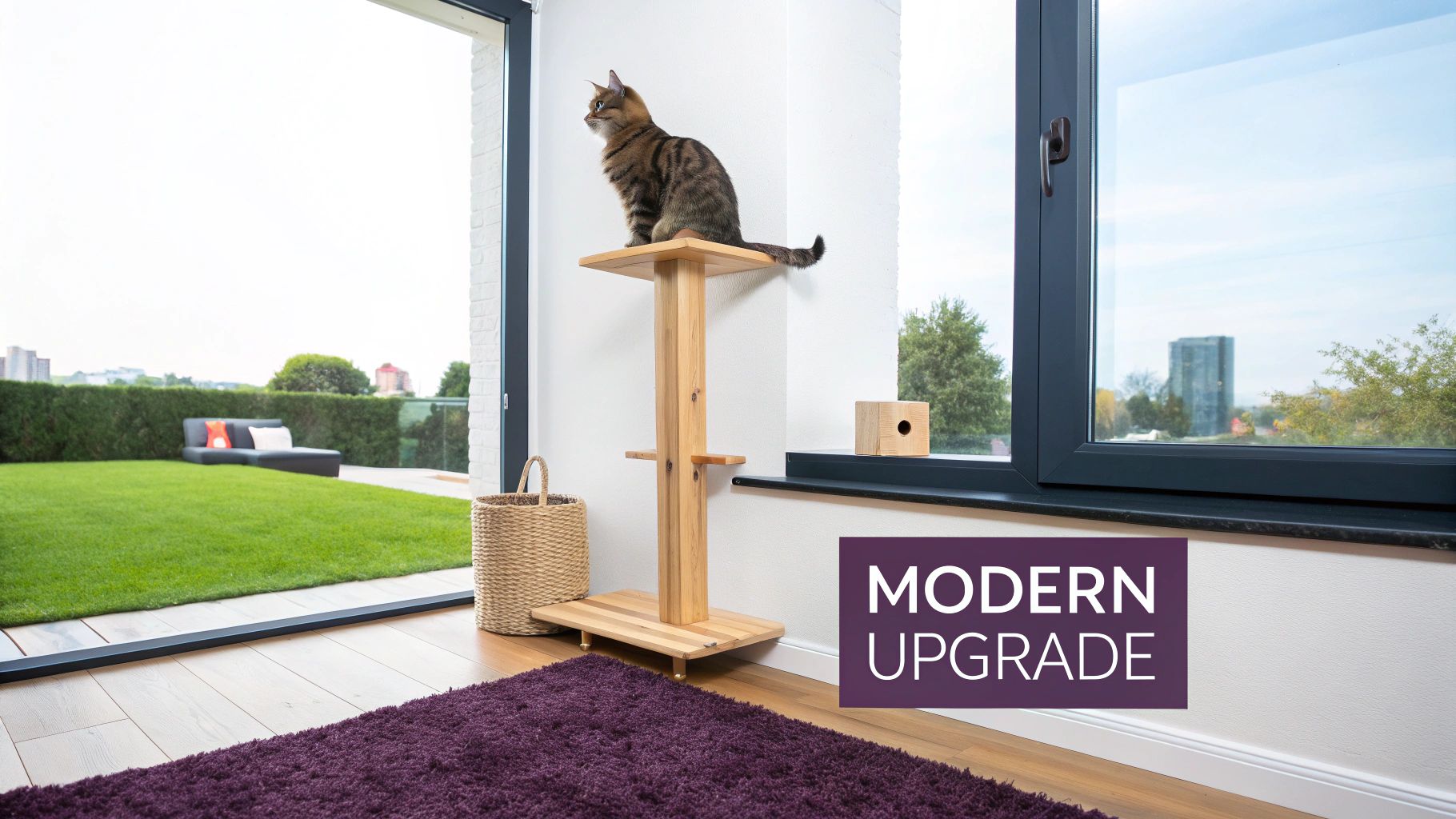 A tabby cat sits on a modern wooden cat tree indoors, looking out a large window at a green backyard.