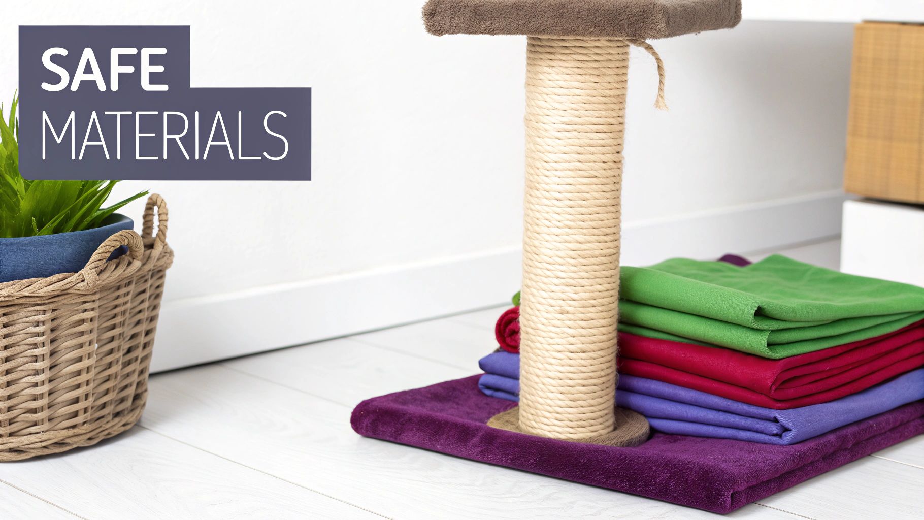 A cat scratching post, a plant in a wicker basket, and colorful fabrics, with 'SAFE MATERIALS' overlay.