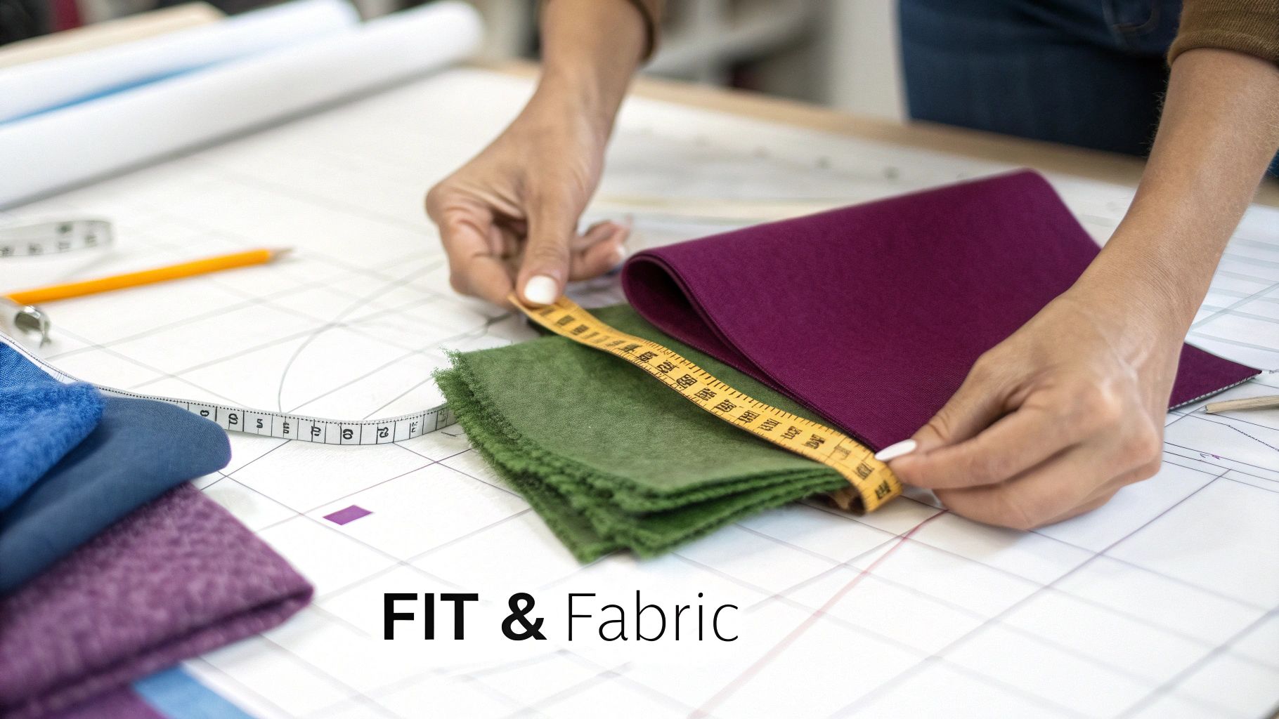 A person's hands measure green fabric with a yellow tape measure, next to burgundy fabric on a sewing pattern table.