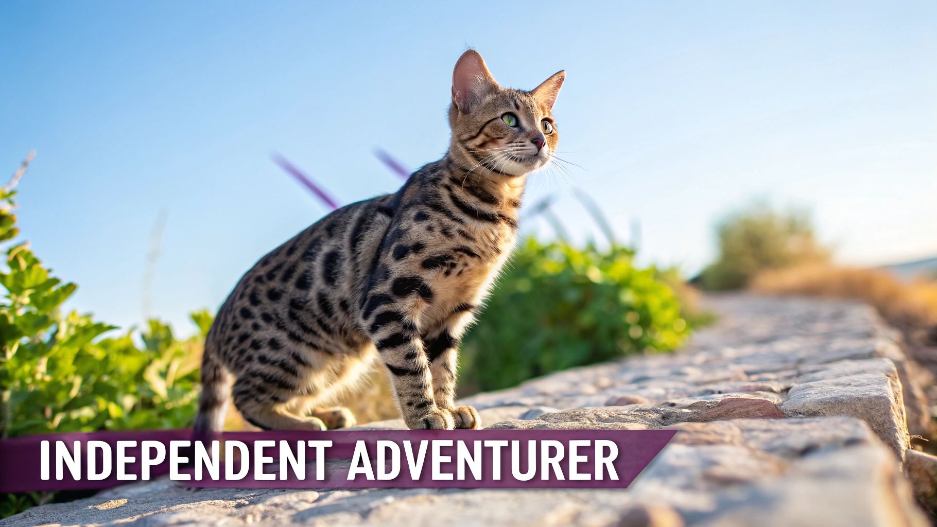 A beautiful Bengal cat with spotted fur stands on a stone wall outdoors, looking curiously under a blue sky.