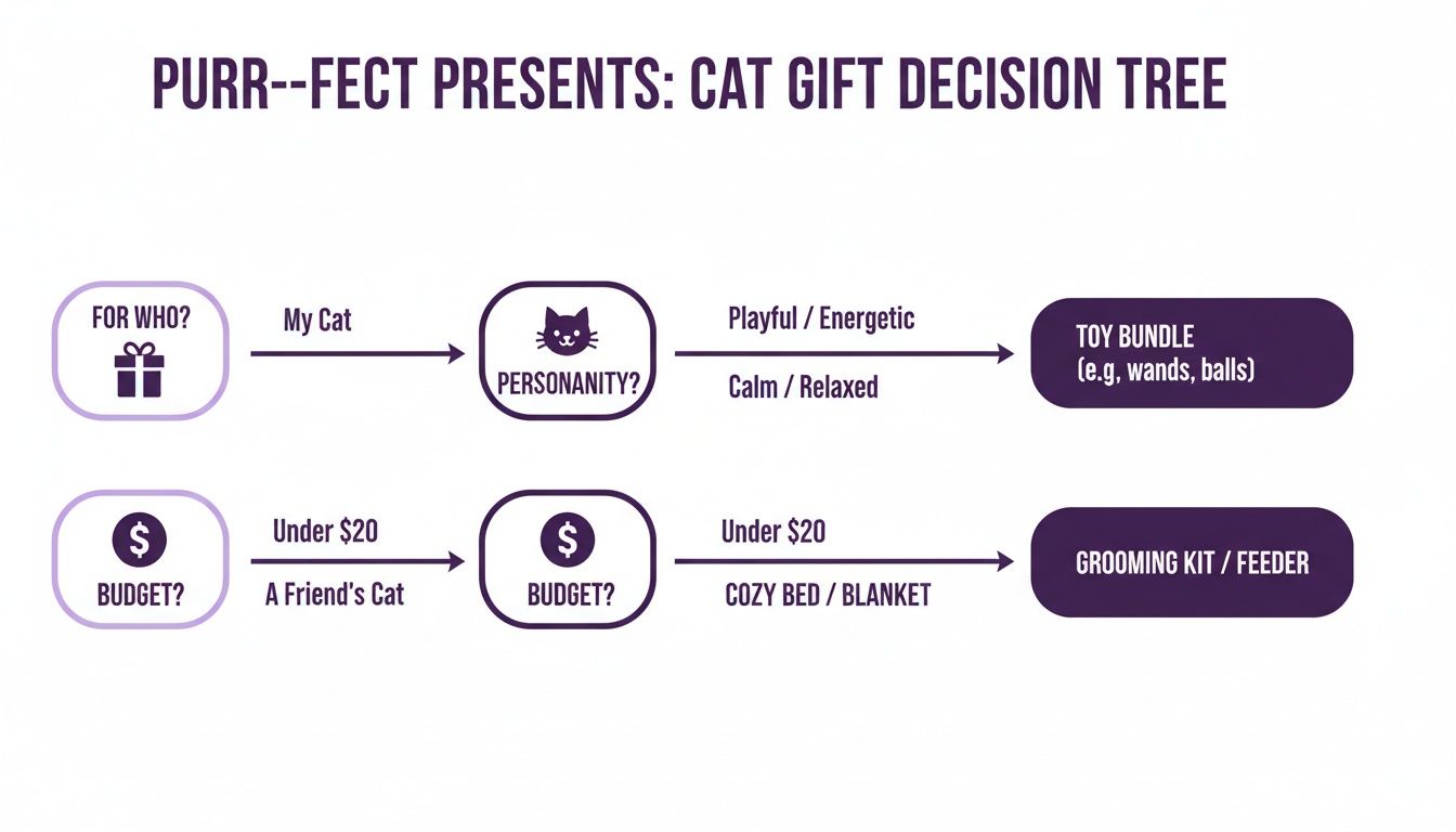Cat gift decision tree, guiding choices for your cat or a friend's cat based on budget and personality.