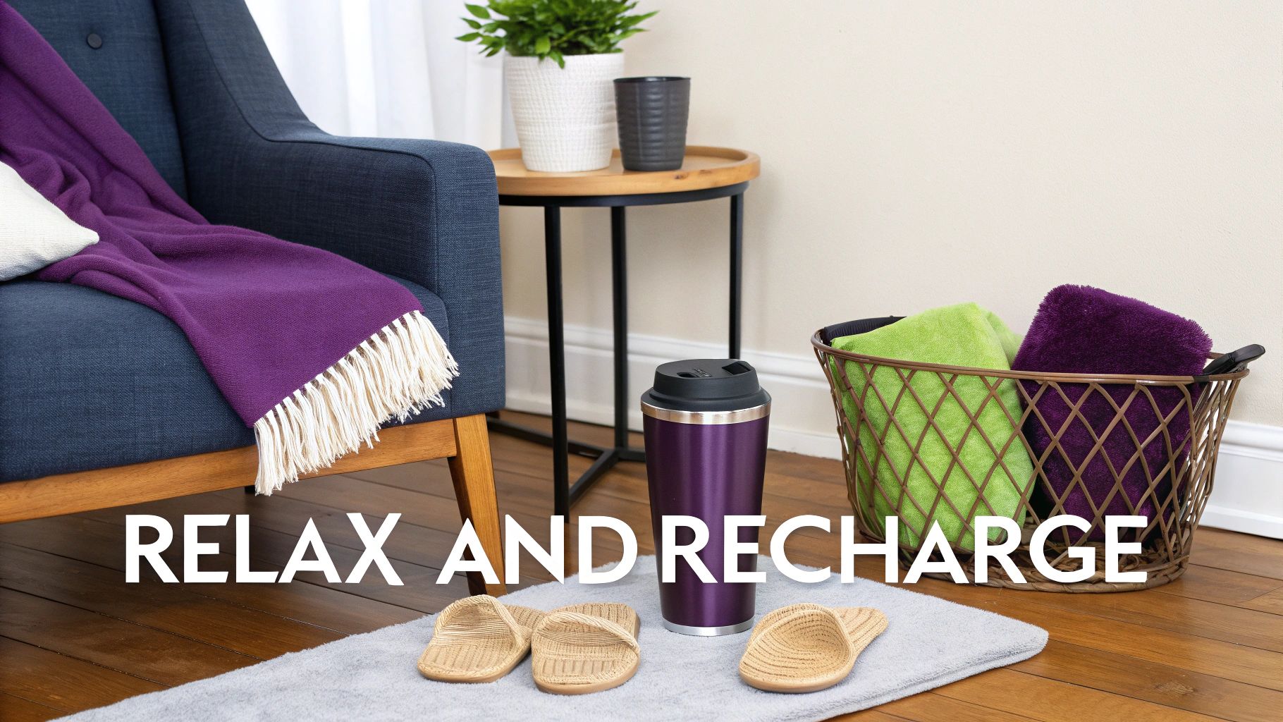 A cozy room with an armchair, purple throw, side table, plant, travel mug, and slippers, promoting relaxation.