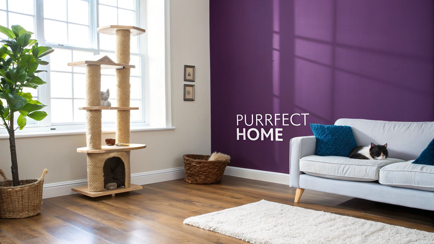 Modern living room featuring tall cat tree tower near window with purple accent wall and gray sofa