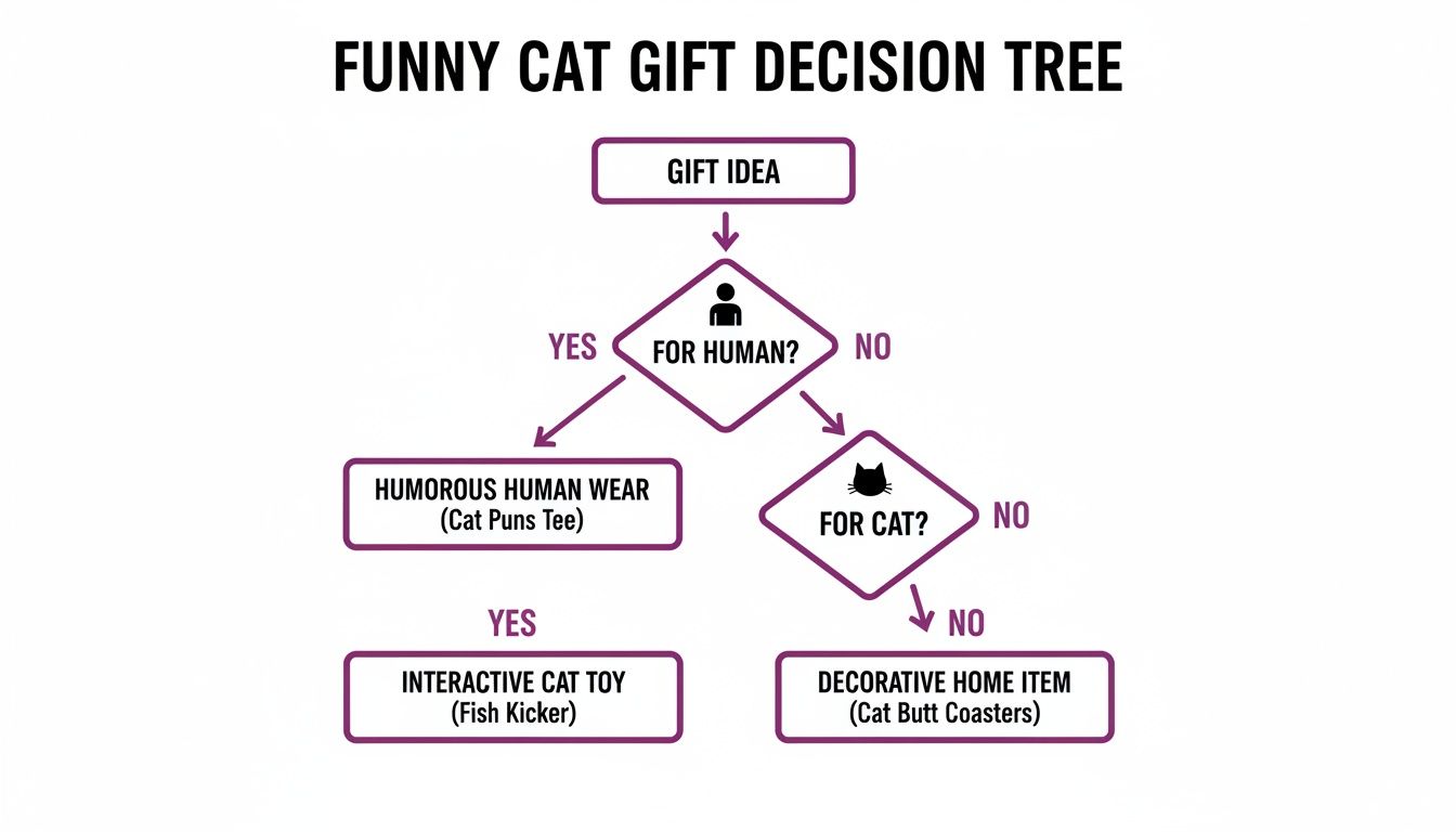 A funny cat gift decision tree guiding choices for humans or cats with specific humorous ideas.