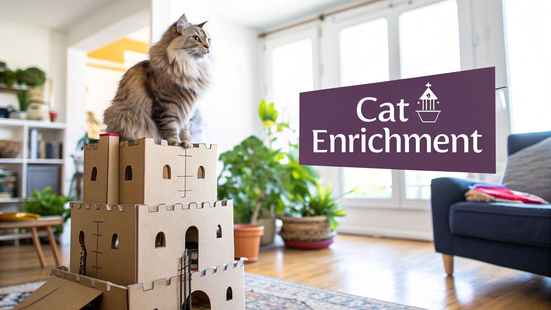 A fluffy tabby cat sits majestically on top of a multi-level cardboard castle in a bright room.
