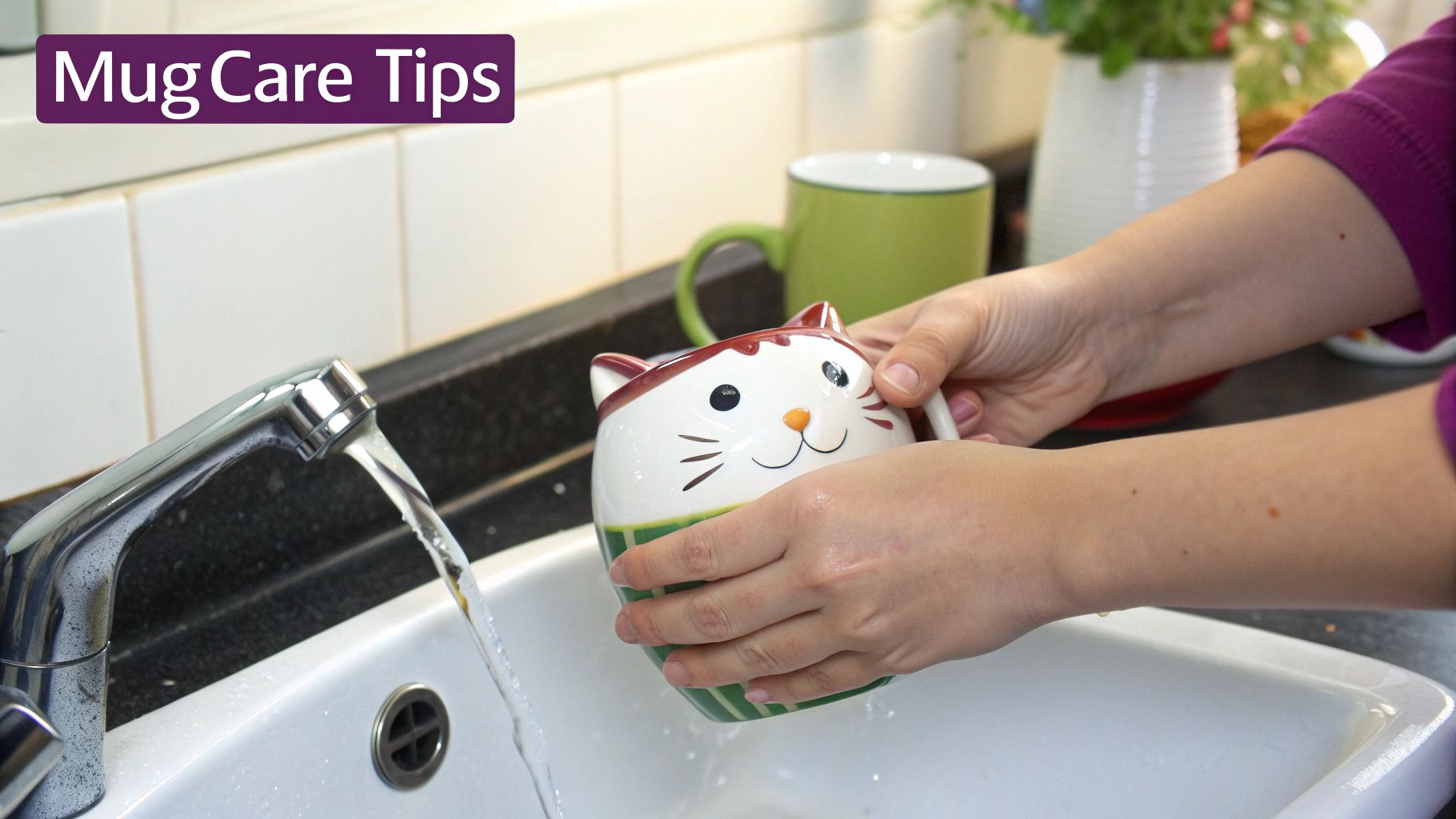 Person washing a cute ceramic cat mug under running water in a white kitchen sink.