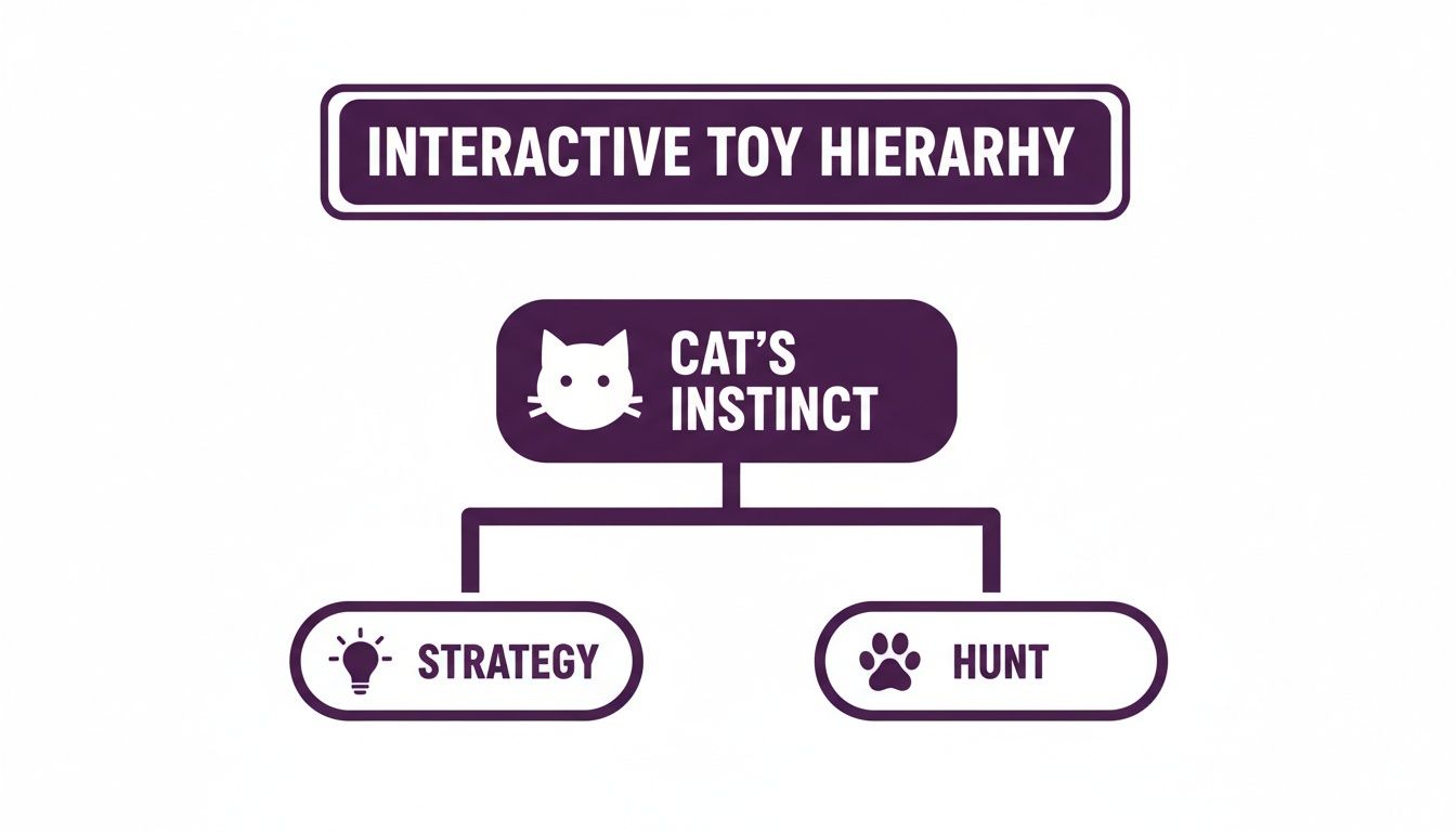 A hierarchical diagram titled 'Interactive Toy Hierarchy' showing cat's instinct divided into strategy and hunt.