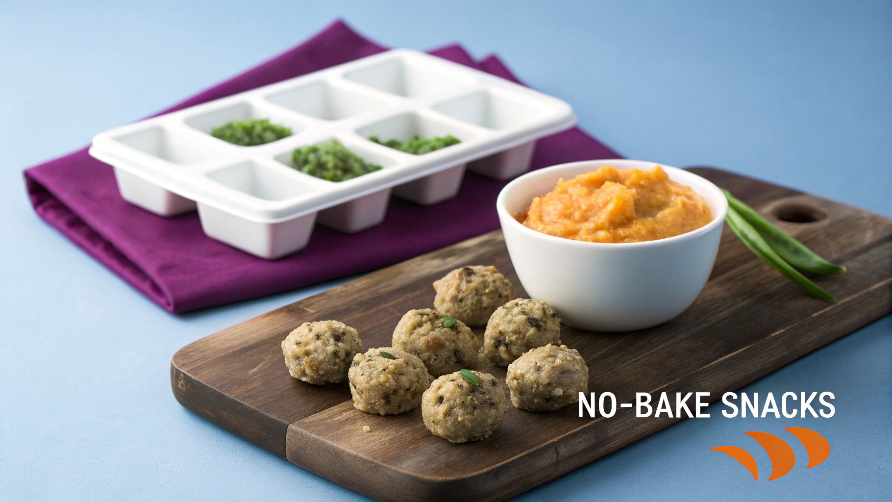 Homemade no-bake snacks, a bowl of orange puree, and green purees in an ice tray.