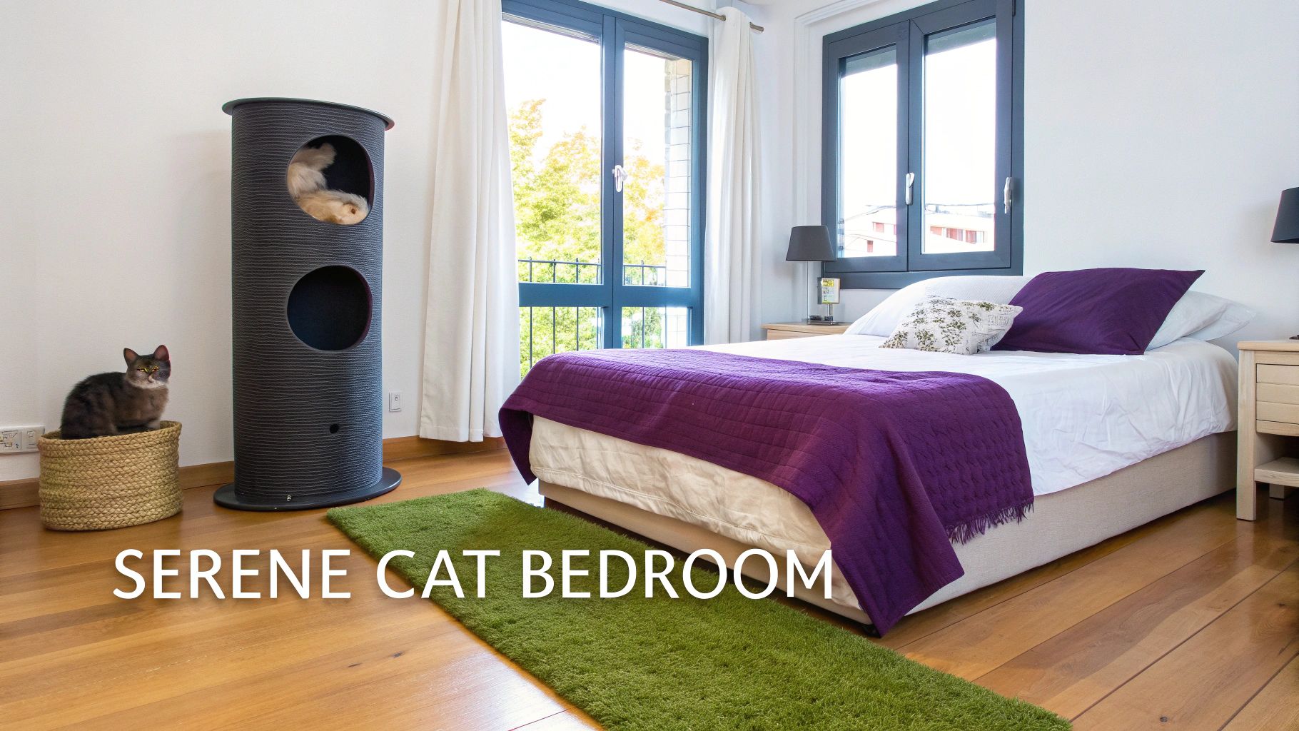 A serene bedroom with subtle cat decorations.