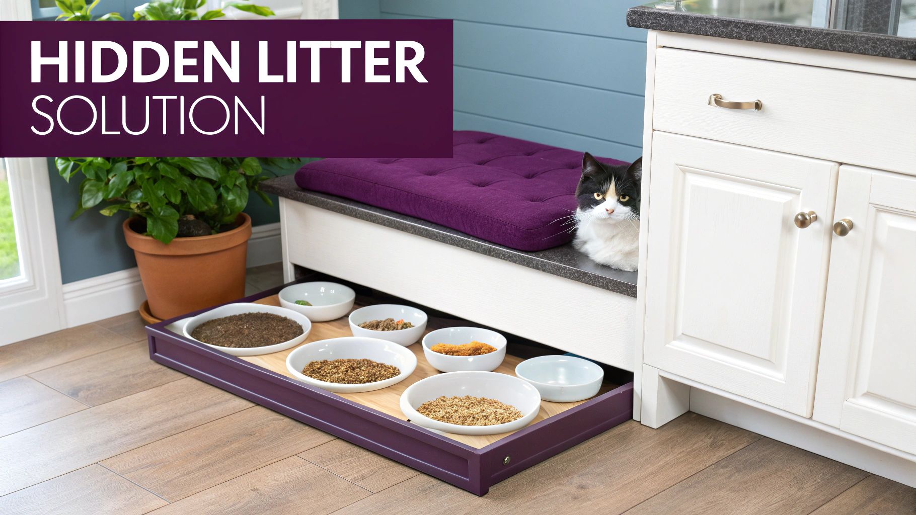 A clean, modern kitchen with stylish, minimalist cat food bowls on a mat.