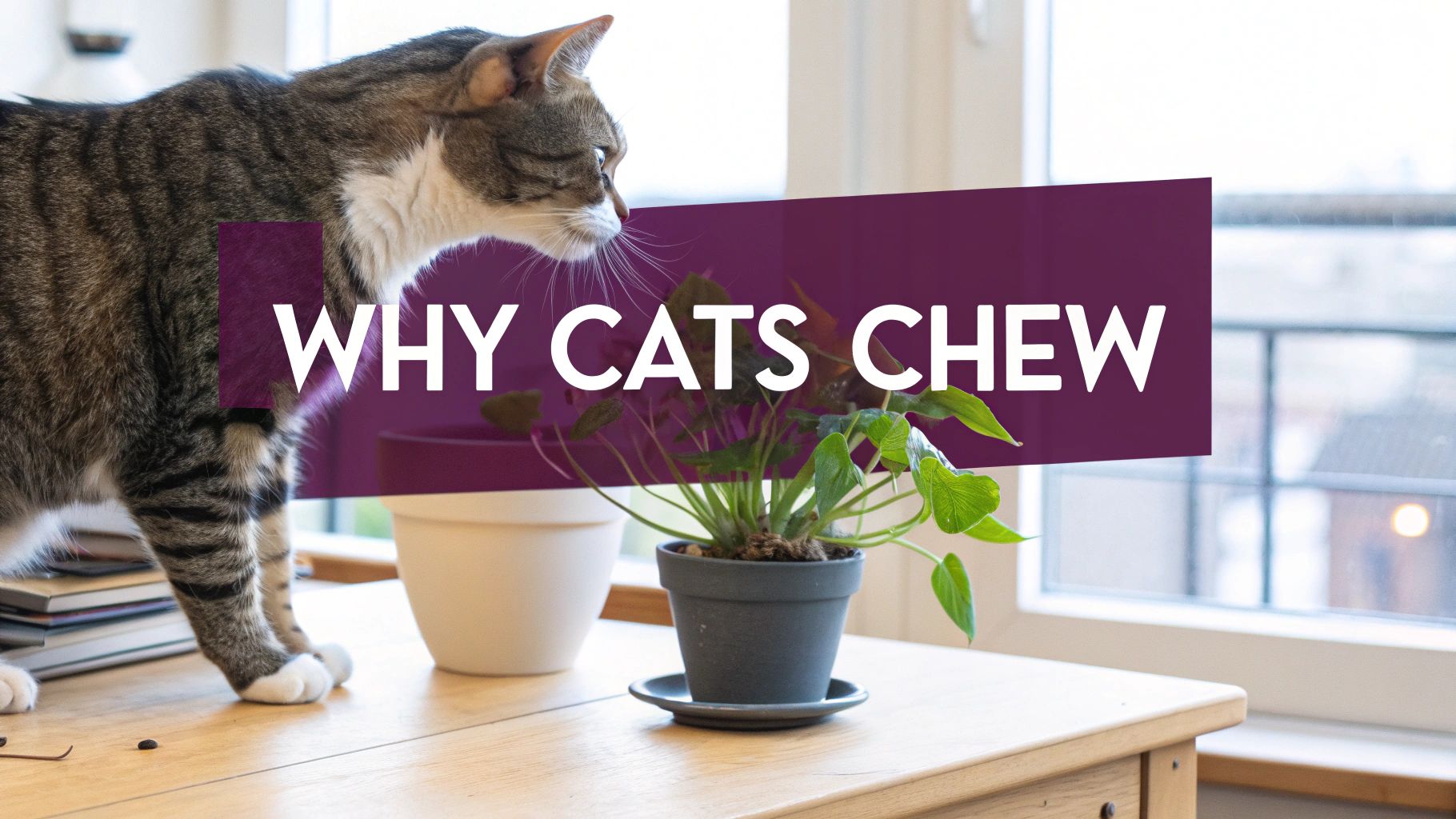 A tabby cat looks intently at a small potted plant on a wooden table, with text 'WHY CATS CHEW'.