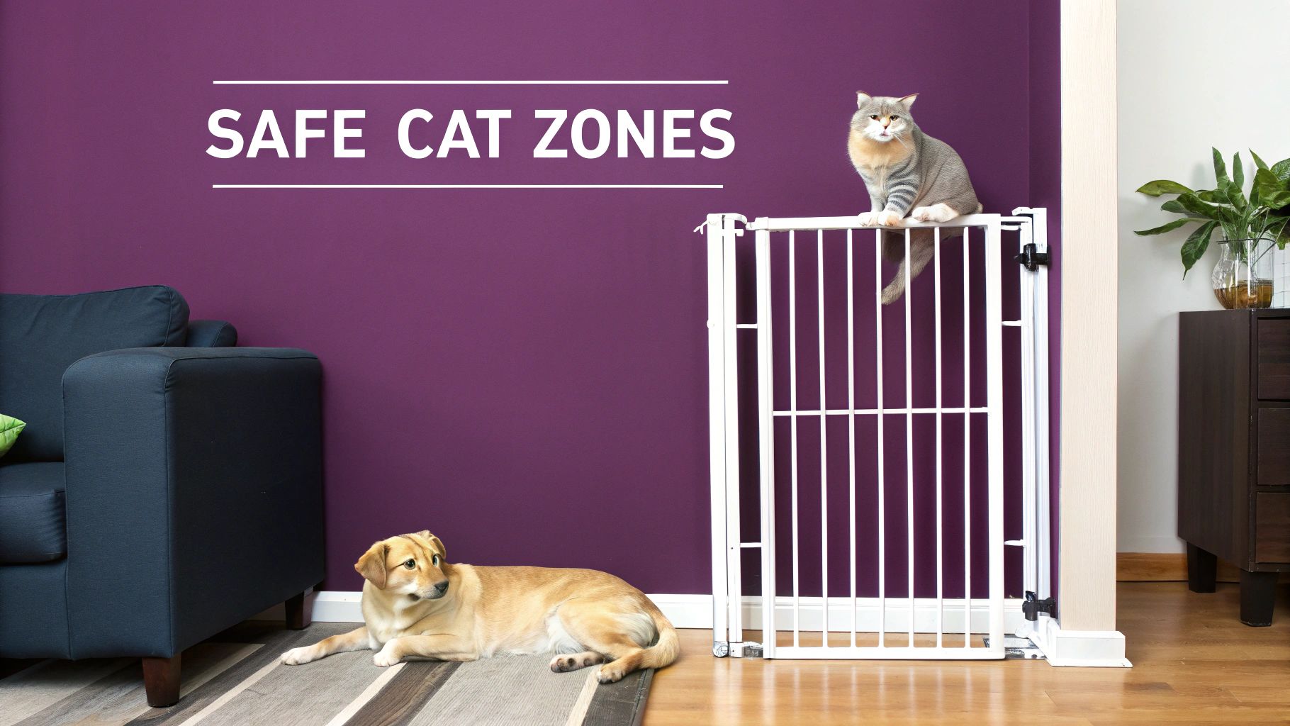 A cat sits on a white pet gate, observing a dog lying on a rug in a room with purple walls.