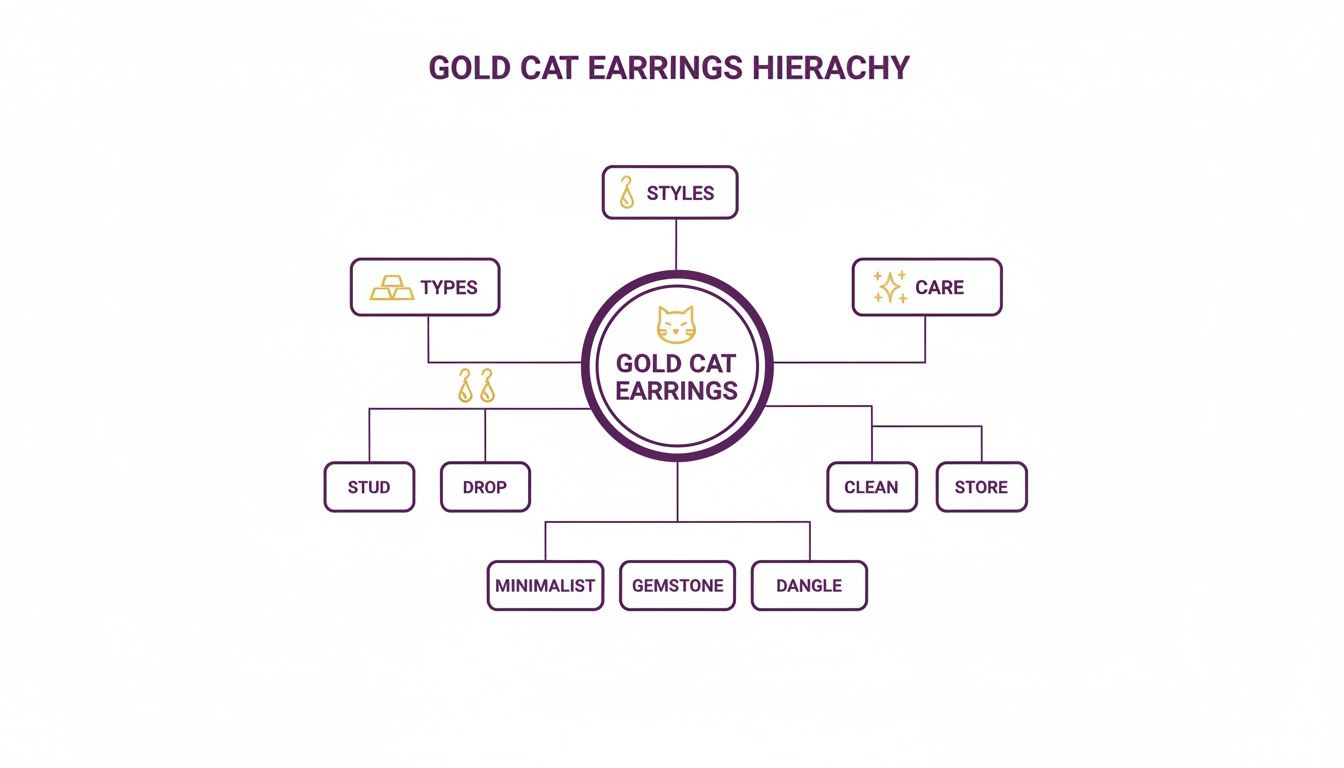 Hierarchy diagram showing gold cat earrings categorized by types, styles, and care instructions.