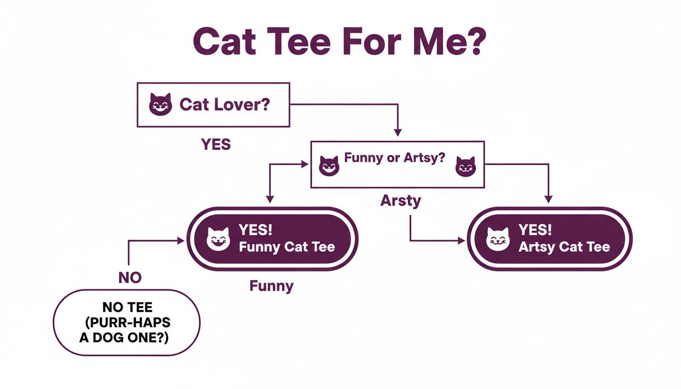 A flowchart titled 'Cat Tee For Me?' guides users to select a funny or artsy cat tee.