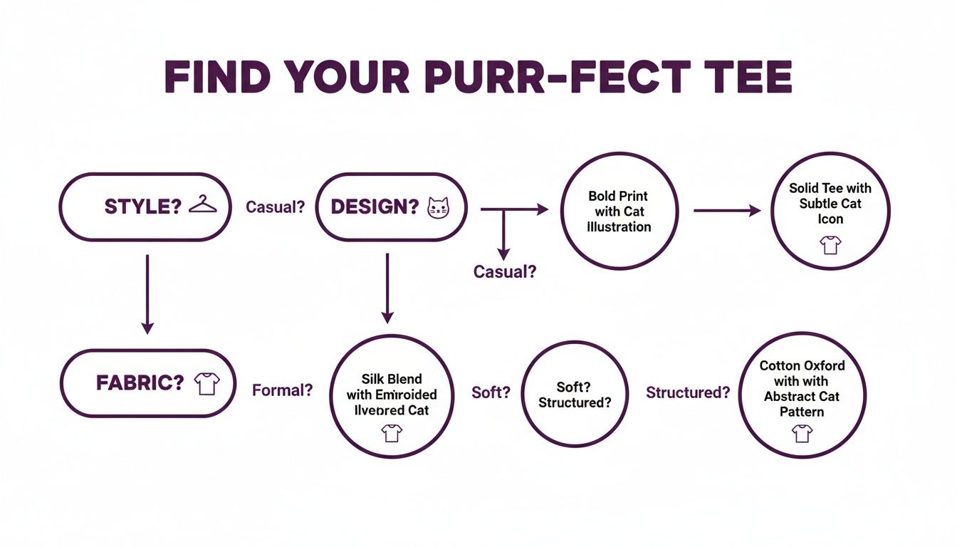 A flowchart guides users to find their perfect cat-themed t-shirt based on style, design, and fabric choices.