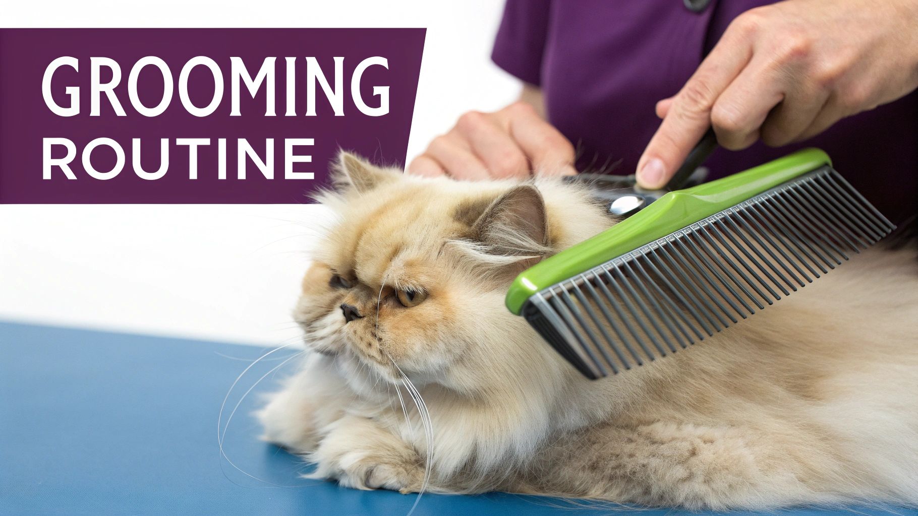 Professional groomer combing long-haired Persian cat with green metal comb during grooming routine session