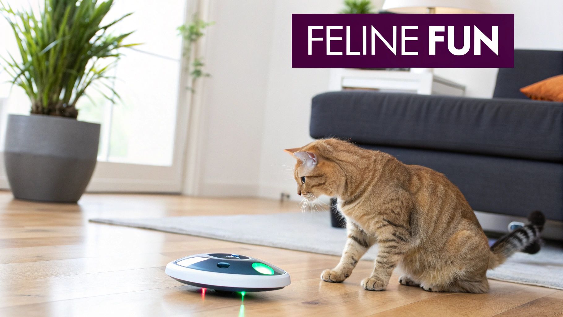 A tabby cat intently observing an electronic laser toy with green and red lights on a wooden floor.