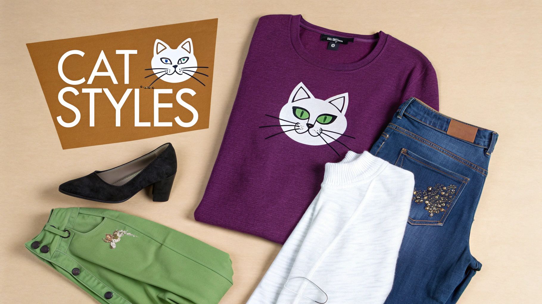 A flat lay displaying women's fashion items, including a cat-themed purple sweater, jeans, green pants, and black heels.