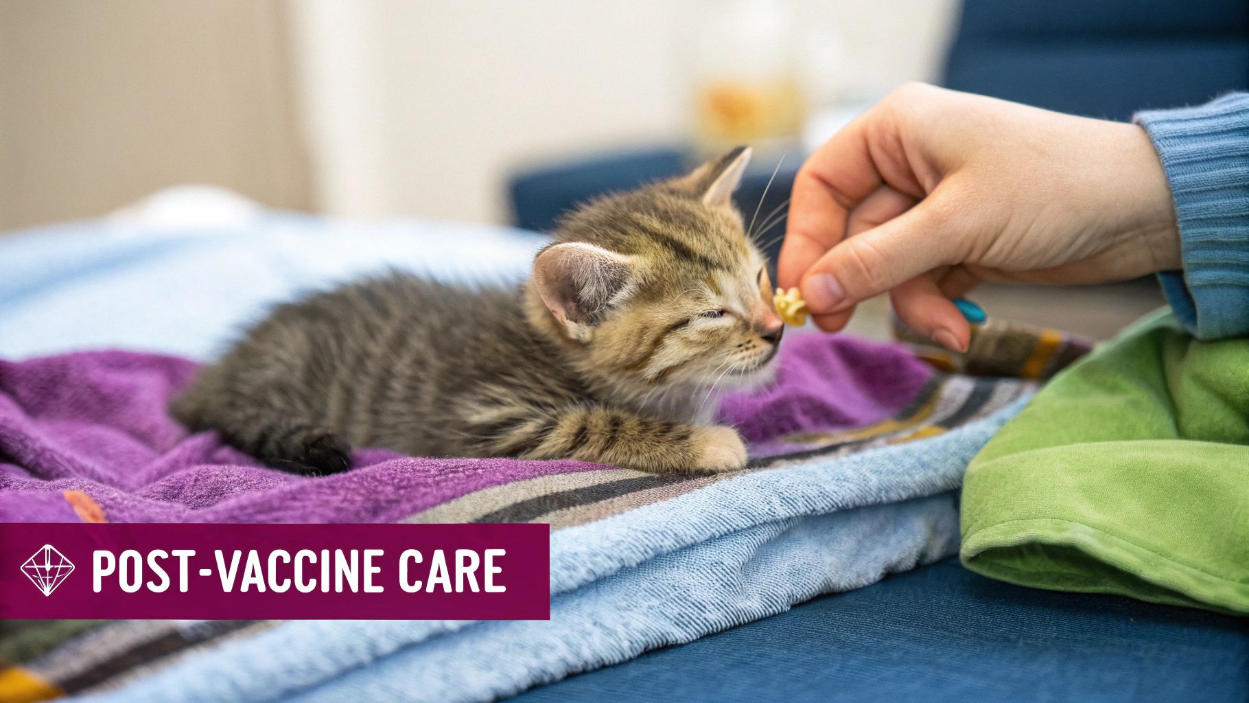 A small tabby kitten on a purple blanket receives a treat from a human hand, demonstrating post-vaccine care.