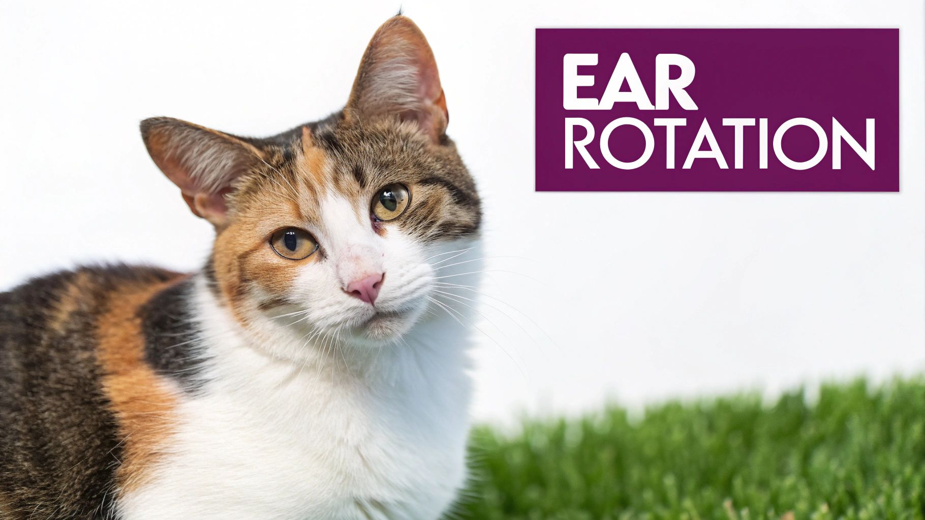 Close-up of a calico cat looking forward, with a purple 'EAR ROTATION' box and green grass.