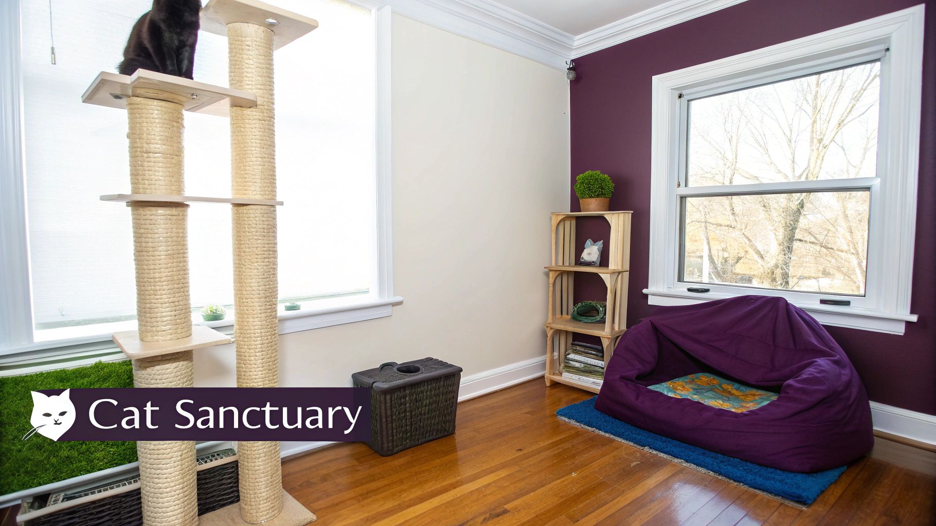 A happy cat perched on a cozy cat tree next to a window