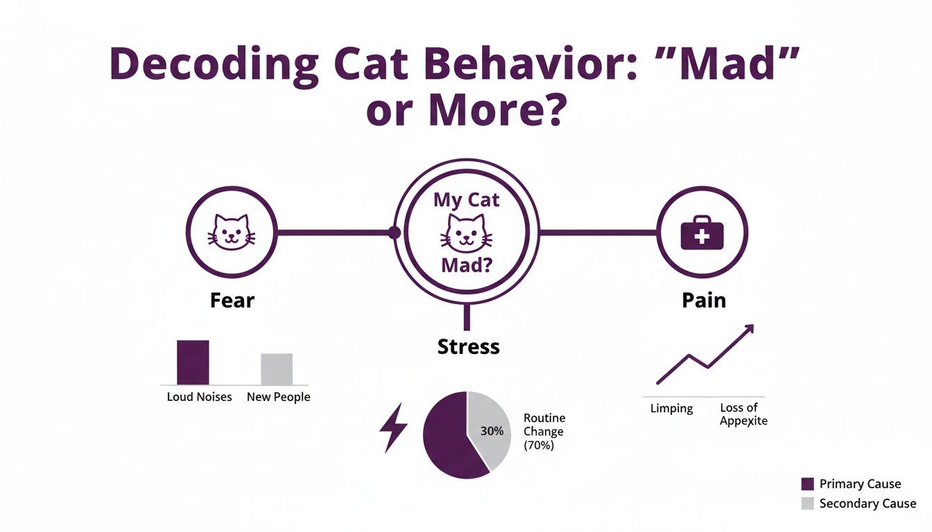 Diagram illustrating cat behavior, distinguishing between 'mad' and causes like fear, stress, or pain.
