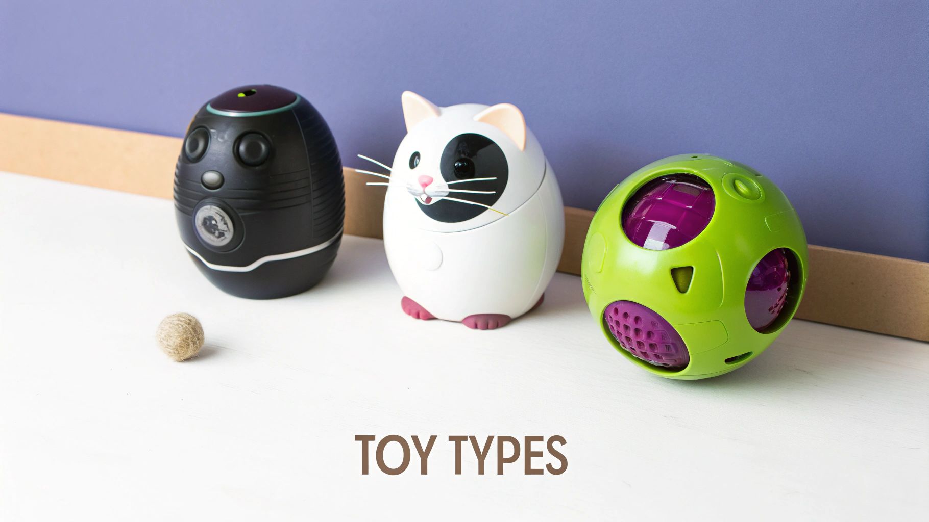 Three electronic pet toys including a black egg-shaped robot, a white cat toy, and a green ball, with a small felt ball.