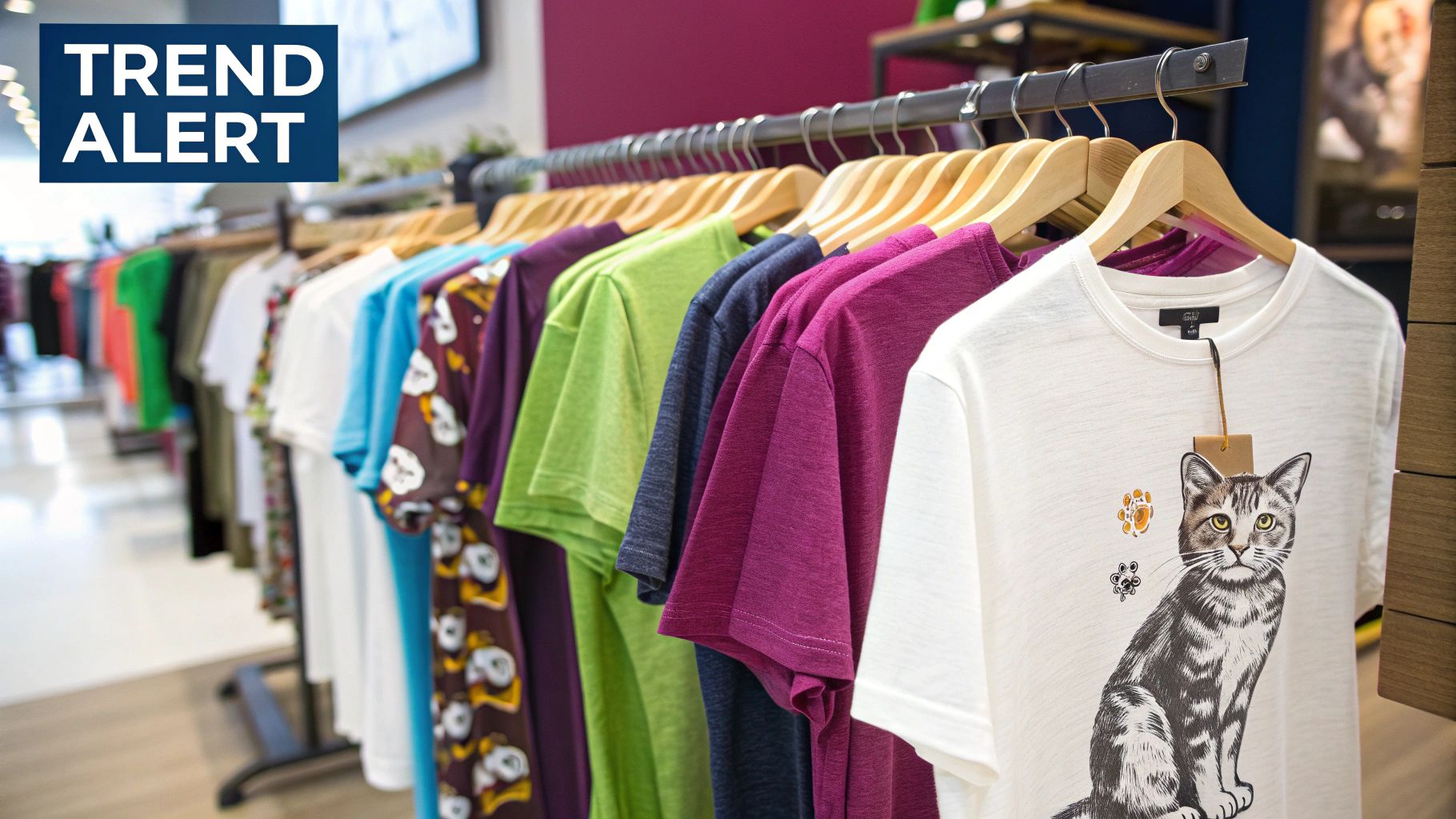 A collection of trendy cat graphic tees with various artistic designs.