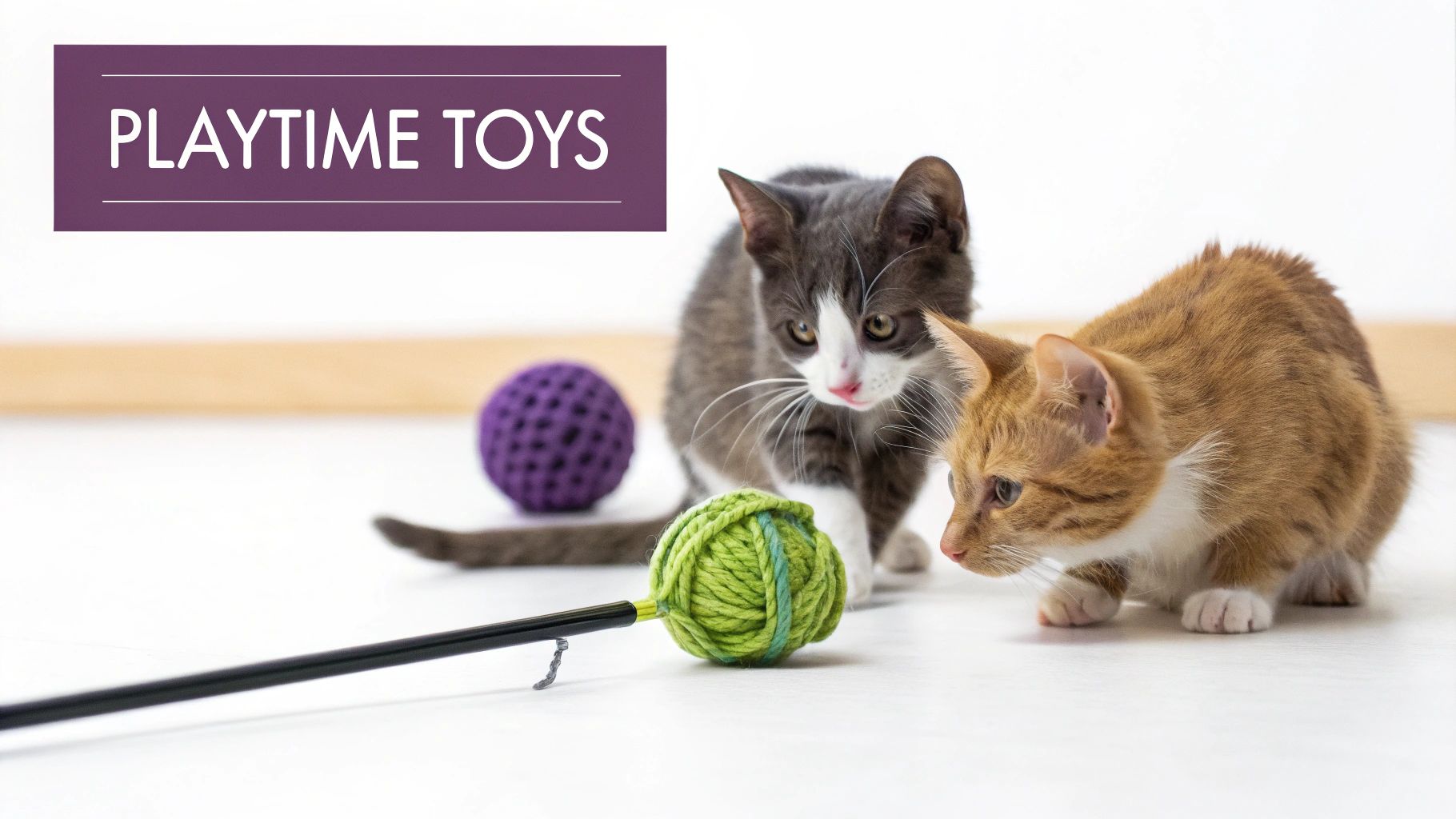 A fluffy cat playing with a colorful feather wand toy near a Christmas tree.