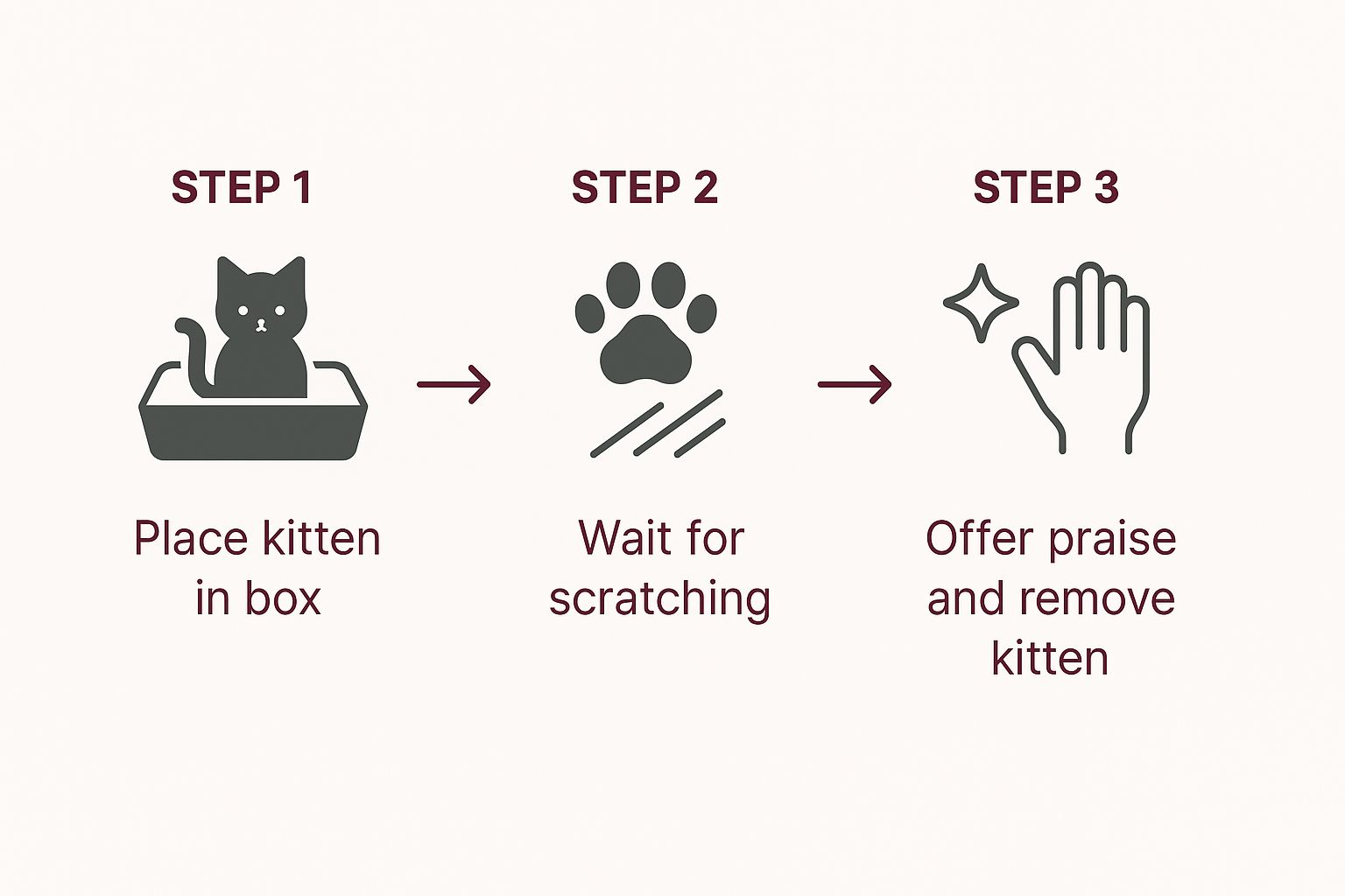 Infographic showing three steps to introduce a kitten to its litter box: 1. Place kitten in box, 2. Wait for scratching, 3. Offer praise and remove kitten.