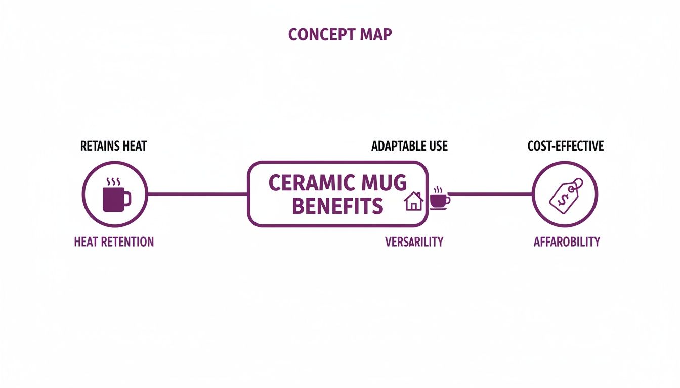 A concept map illustrating the benefits of ceramic mugs: heat retention, versatility, and cost-effectiveness.