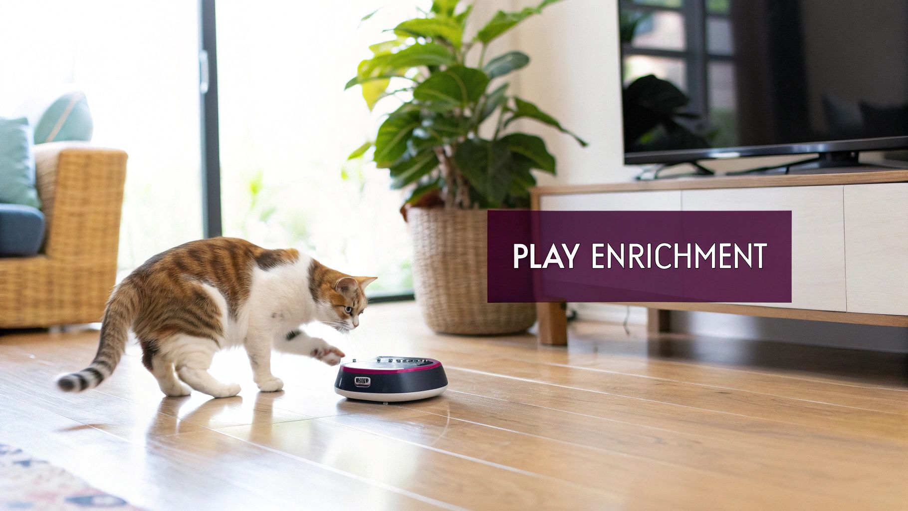 A brown and white cat plays with a purple and black interactive toy on a shiny wooden floor.