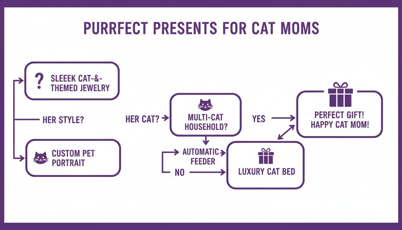 A flowchart titled 'Purrfect Presents for Cat Moms' suggesting gifts based on her style and cat ownership.