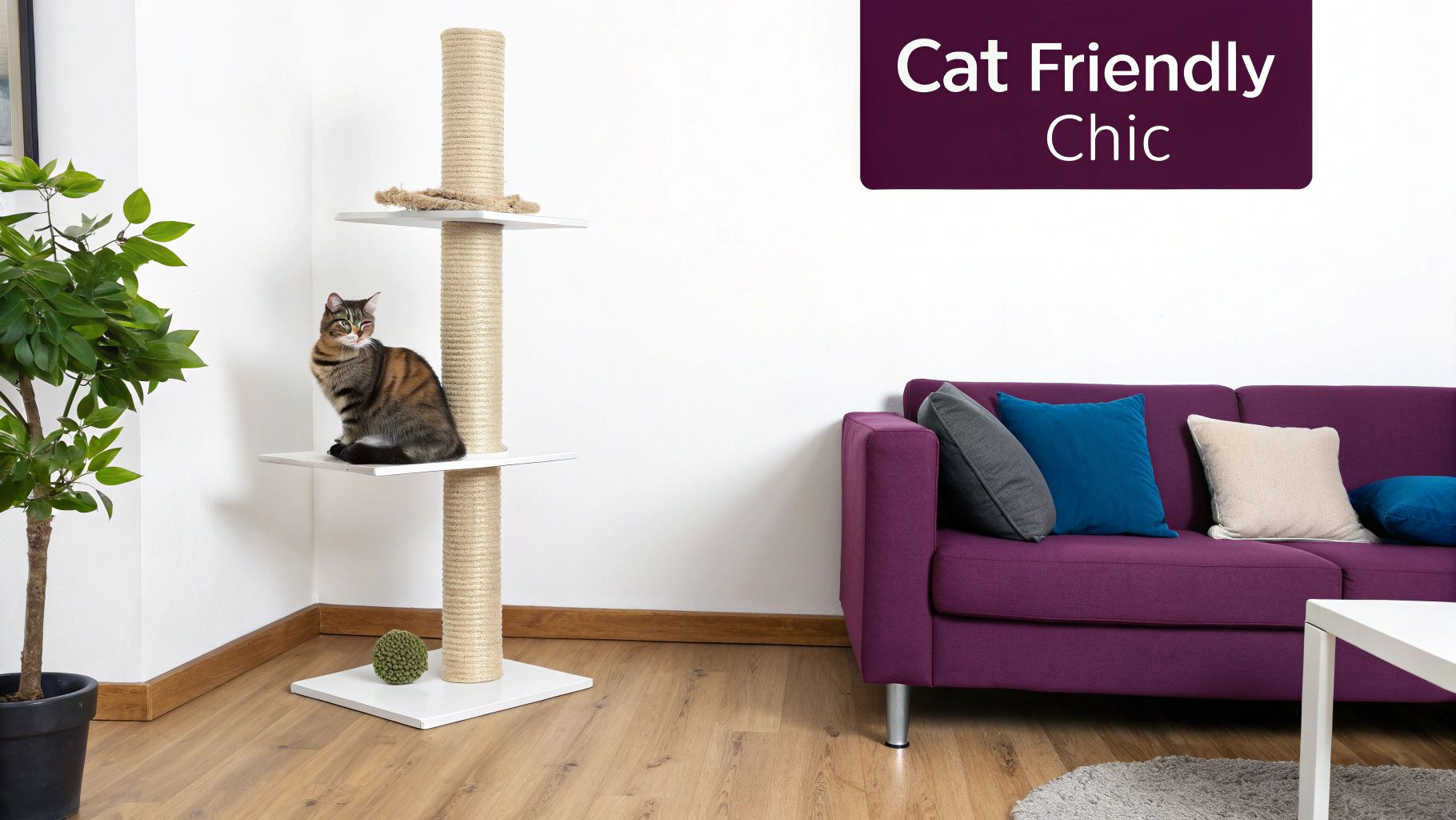 A stylish living room with a modern wooden cat tree and wall shelves for cats to climb.