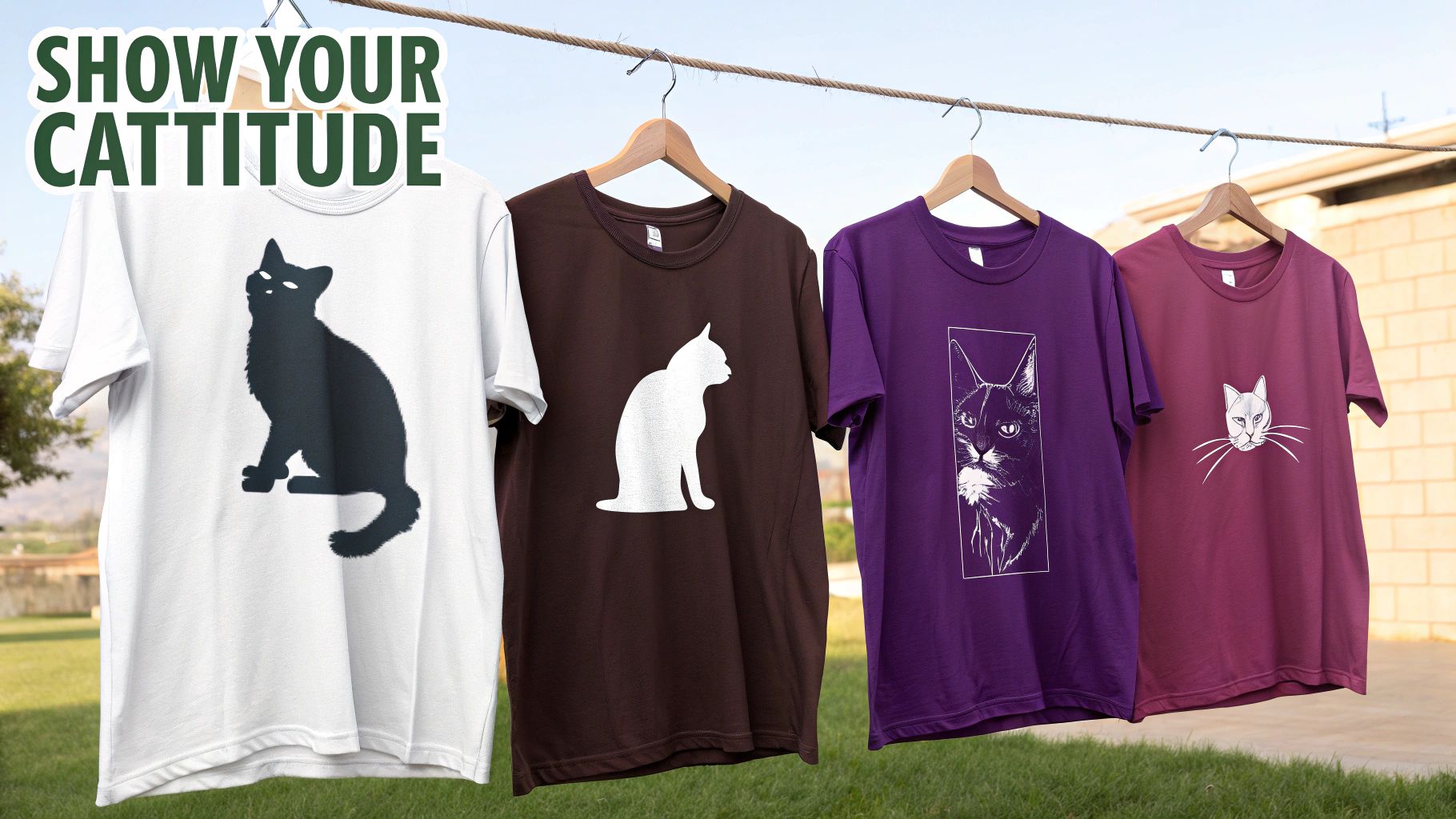 Four cat-themed t-shirts with different designs hanging on an outdoor clothesline under a clear sky.