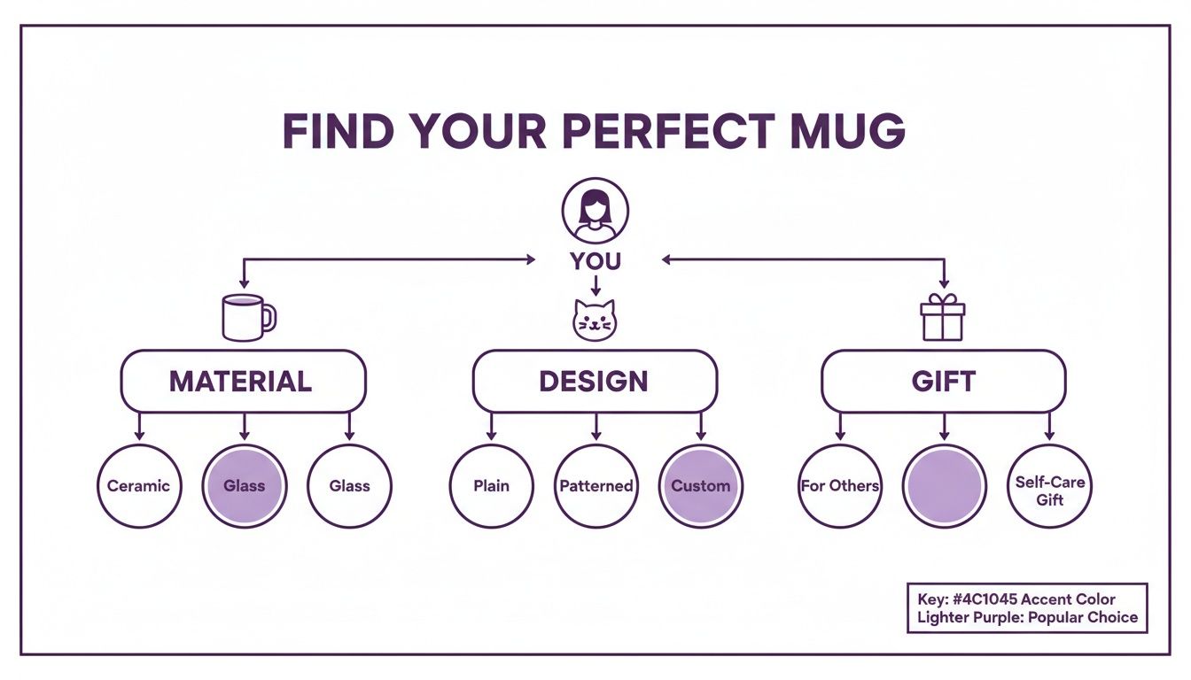 Flowchart guiding users to find their perfect mug based on material, design, and gift purpose, with popular choices highlighted.