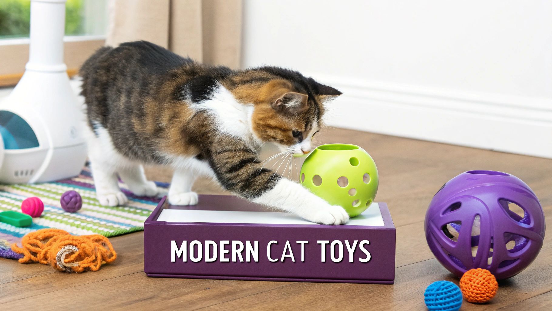 A happy cat playing with a variety of colorful toys on the floor.