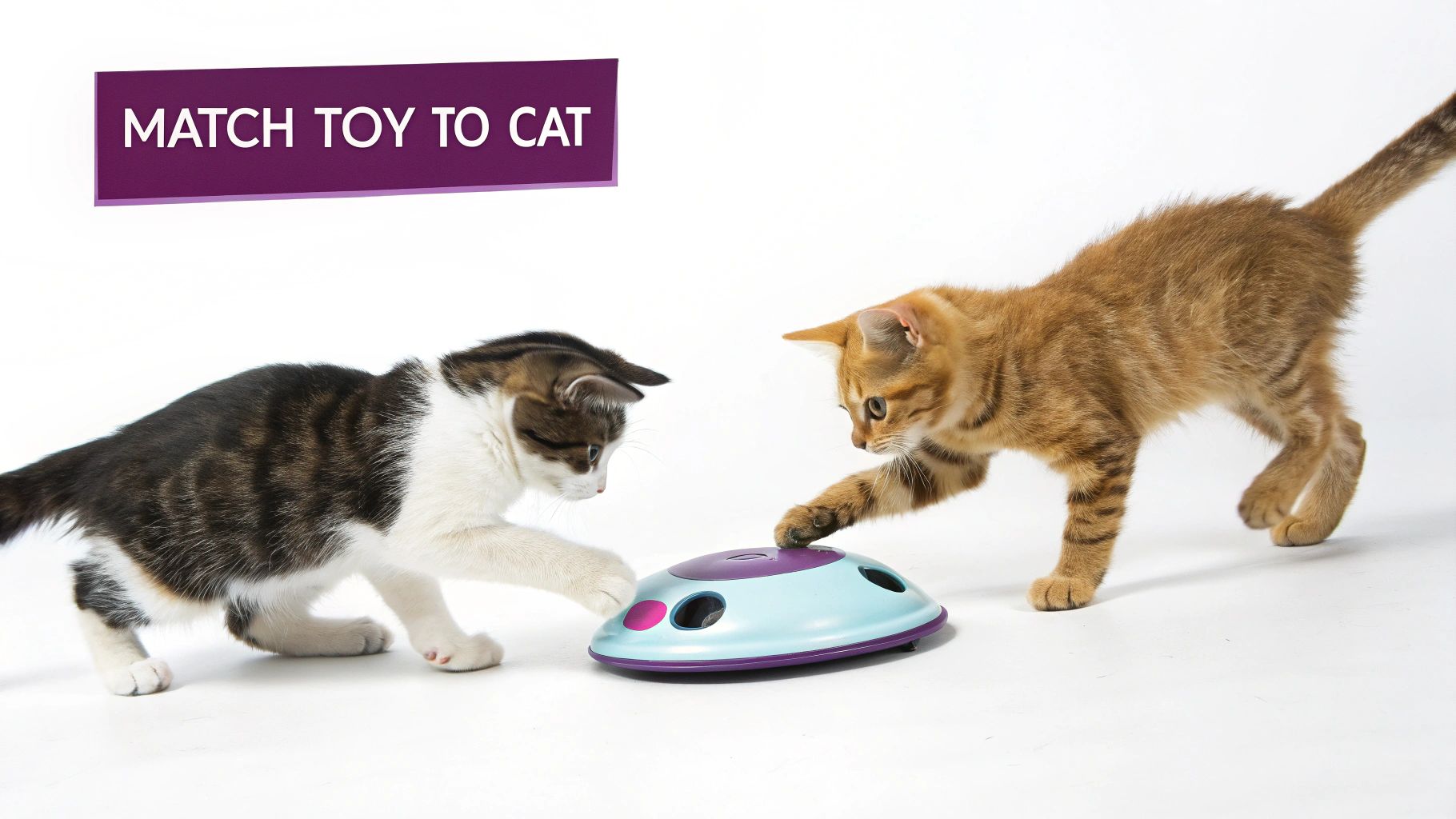 Two playful kittens interacting with automatic interactive cat toy on white background
