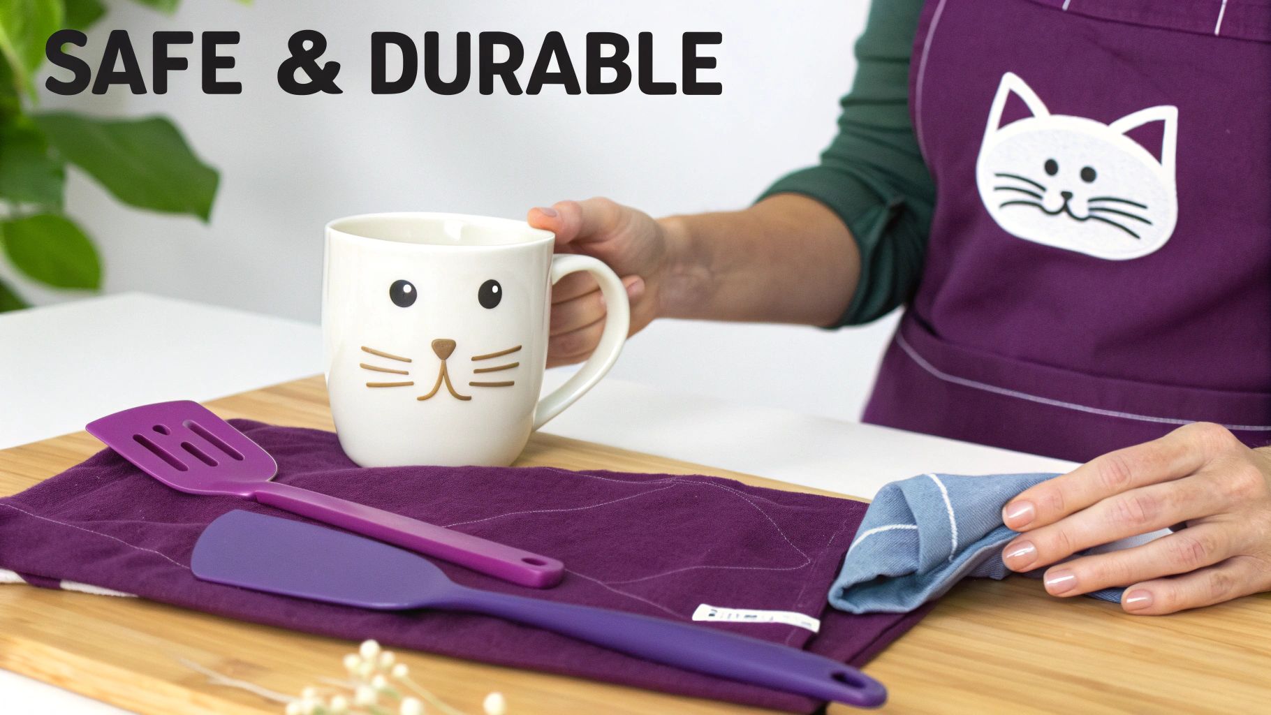 A person in a purple cat apron holds a cat-faced mug with purple kitchen tools and a cloth on a cutting board.