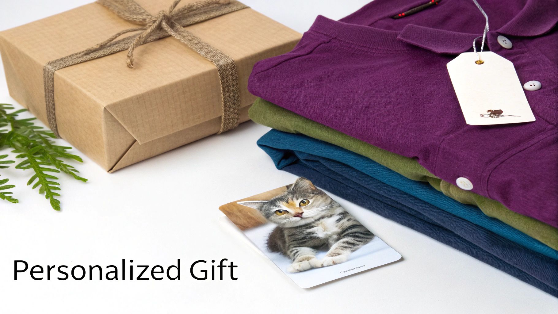 A personalized gift set featuring a kraft paper wrapped box, folded shirts, and a card with a kitten.