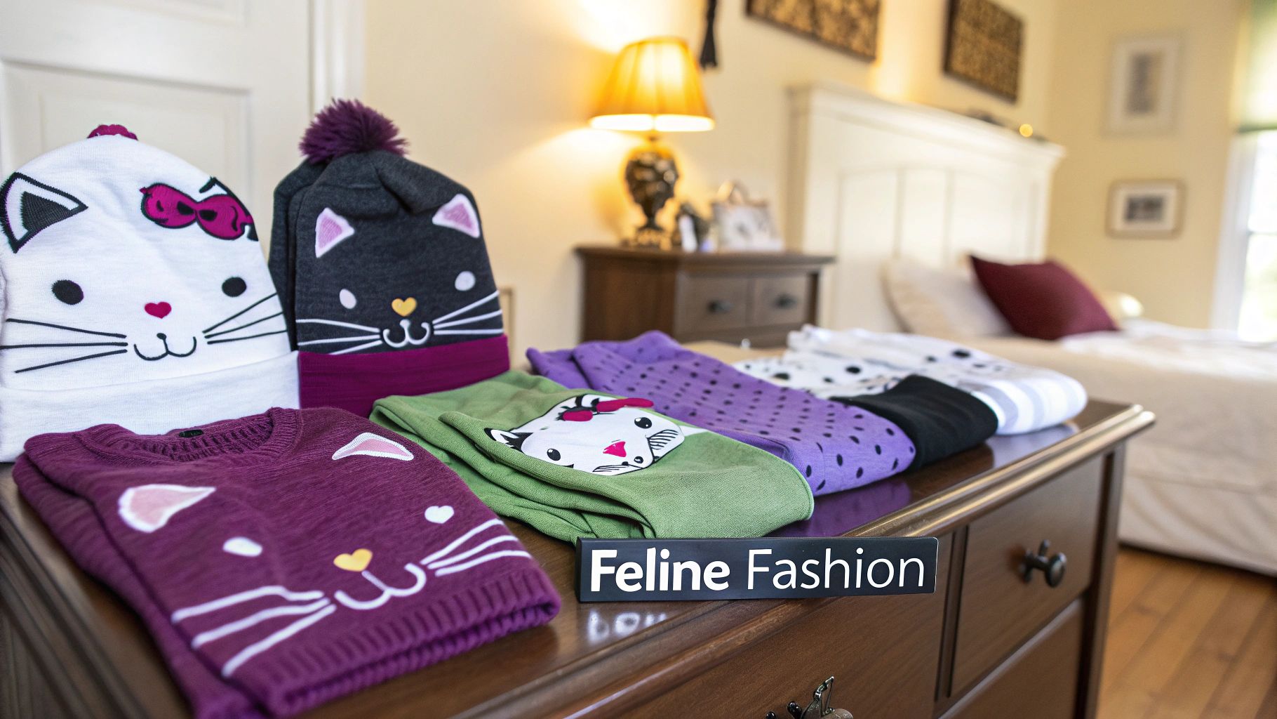 A woman wearing a stylish t-shirt with a cat graphic, smiling warmly.
