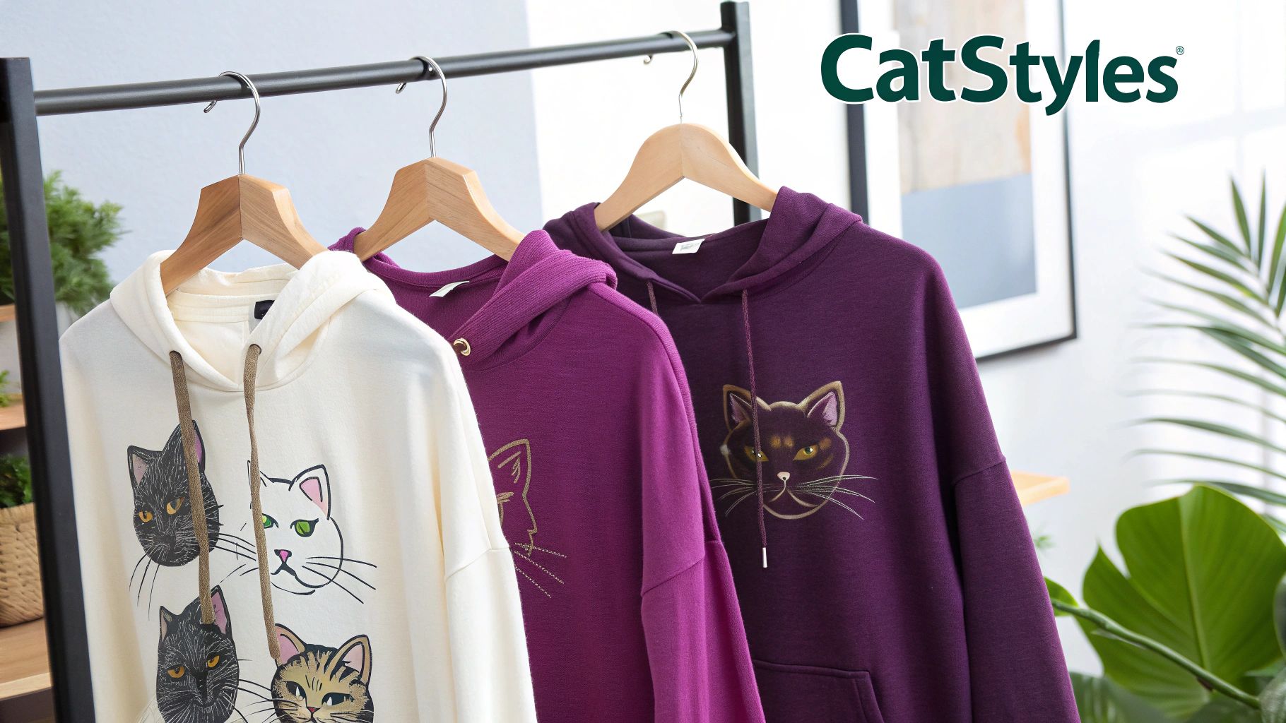 Three CatStyles hoodies in cream and purple, featuring various cat prints, hanging on a rack.