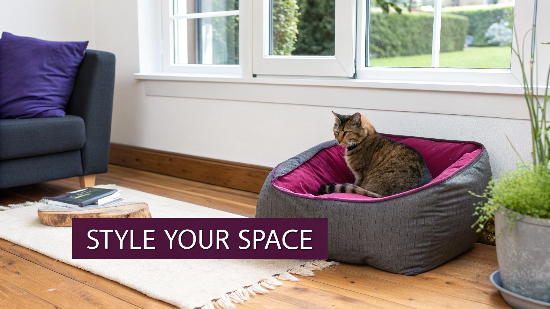 A domestic striped cat sits comfortably in a stylish grey and pink cat bed inside a bright room.