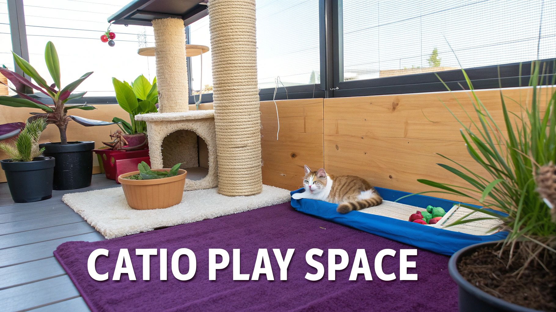 A happy cat enjoying a well-decorated catio with plants and toys.