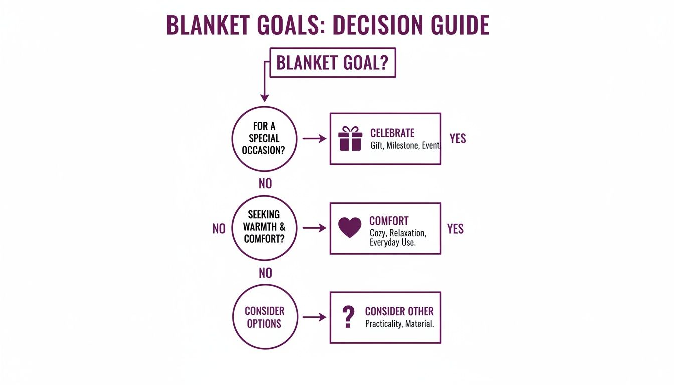 A flowchart illustrating a blanket goals decision guide, considering special occasions and comfort needs.