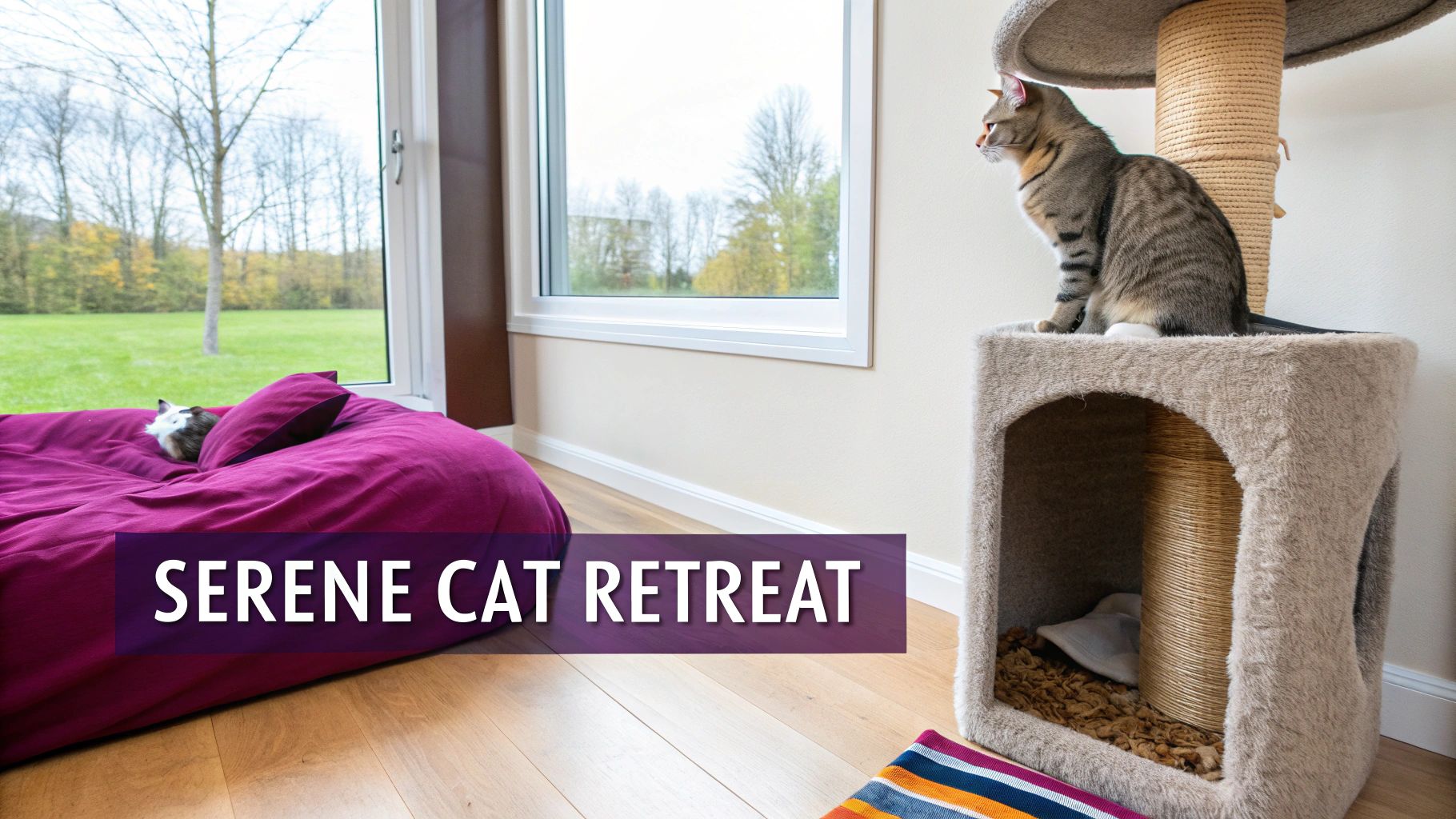 A cozy bedroom with a plush cat condo in the corner and a minimalist window perch for a cat.