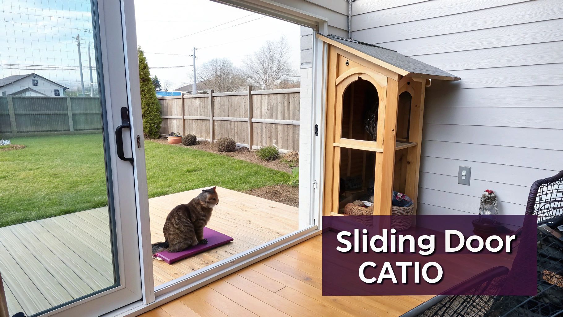 A beautiful catio attached to a sliding glass door, with a happy cat inside.
