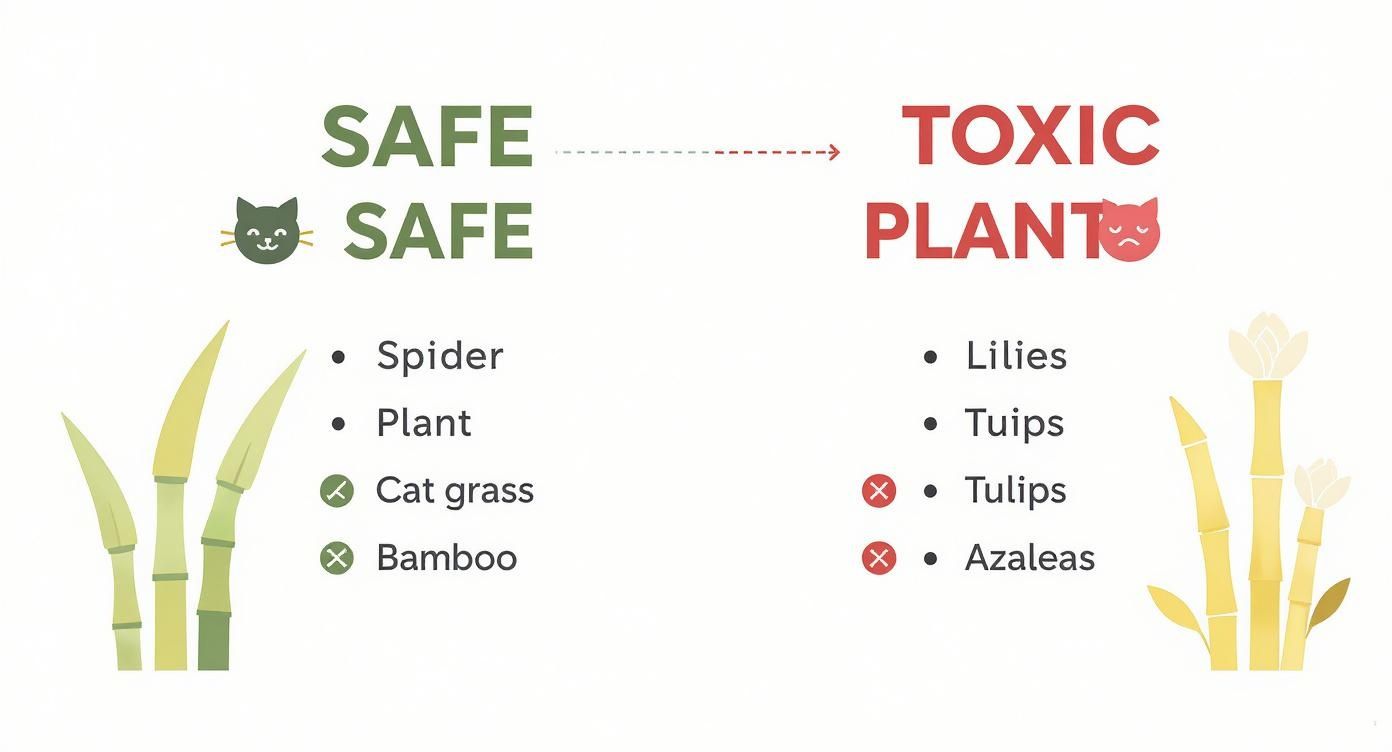 A chart listing safe plants like cat grass and bamboo, and toxic plants like lilies and tulips for cats.