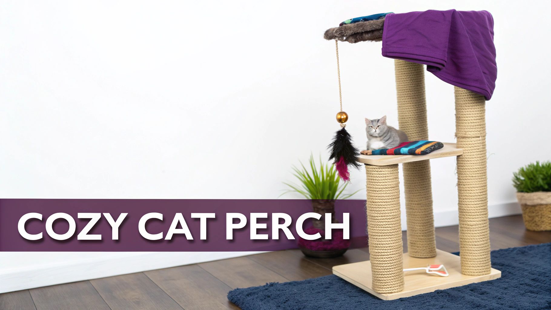 A close-up of a cat pawing at a decorative, customized DIY cardboard cat tower with toys hanging from it.