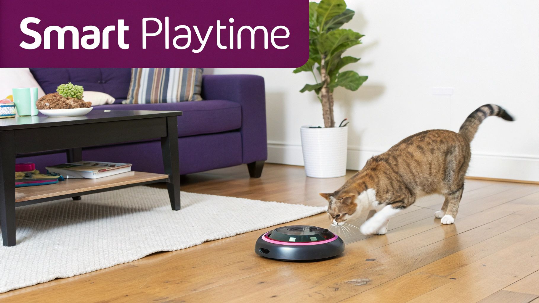 A playful tabby cat with white paws interacts with a smart robotic toy on a hardwood floor, ready for playtime.